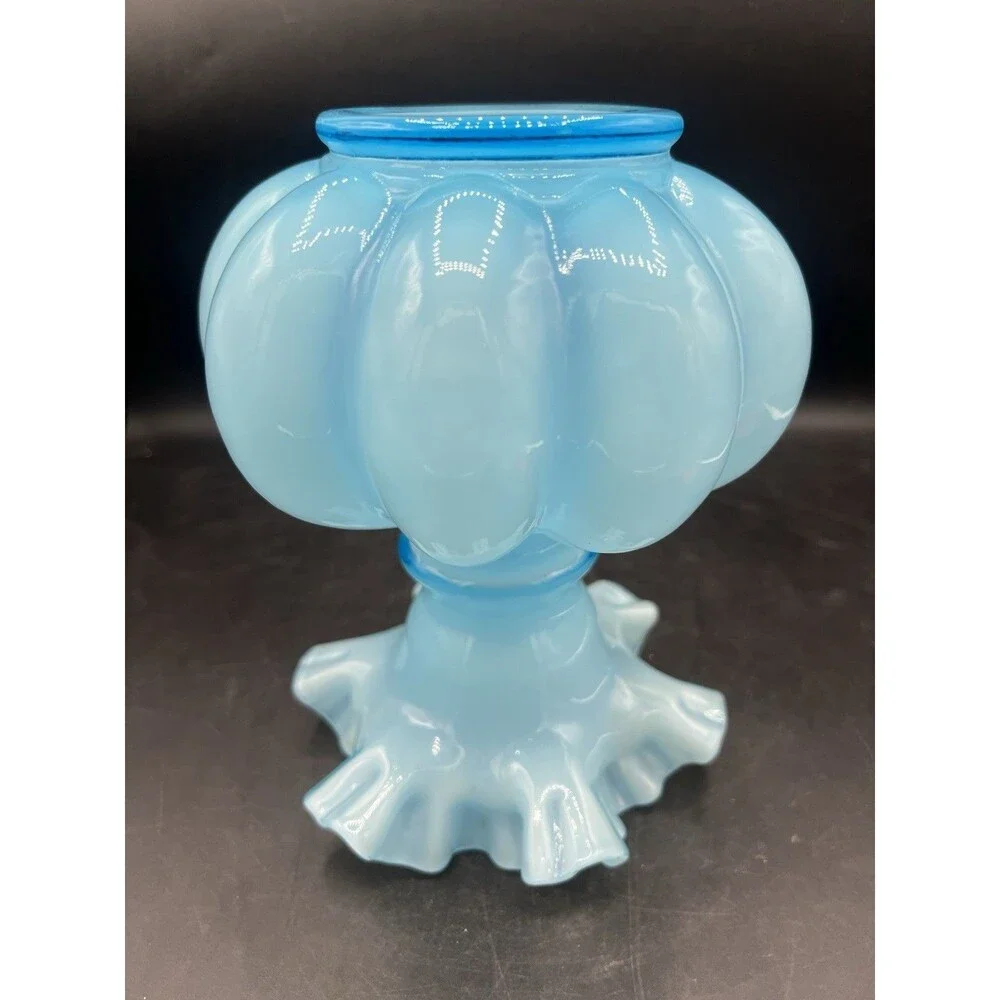 Vintage Fenton Blue Opalescent Melon Vase Ruffled Crimped Rim Art Glass 7.5”